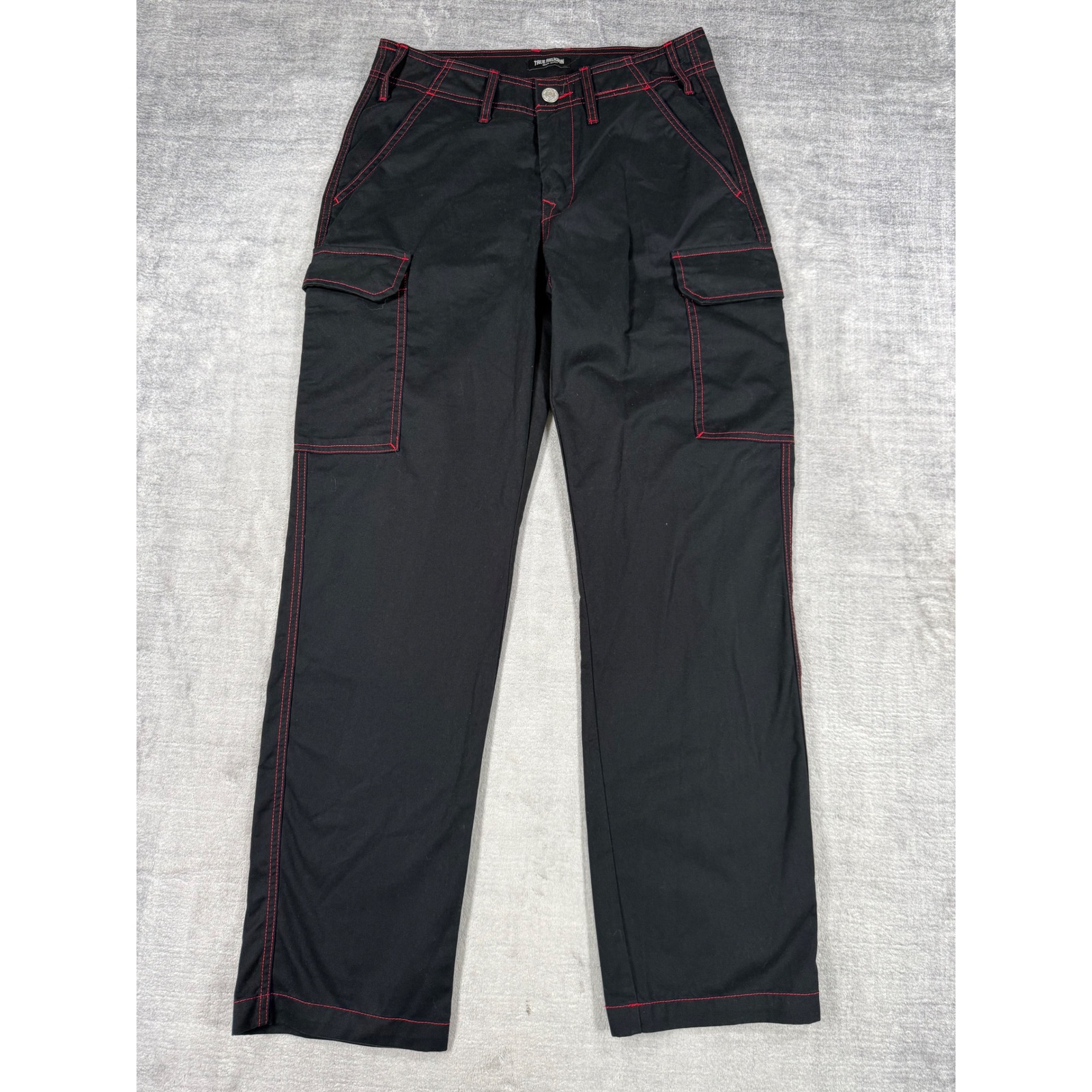 True Religion Pants Womens 30 Black Red Contrast Stitch Cargo Straight Leg Y2k
